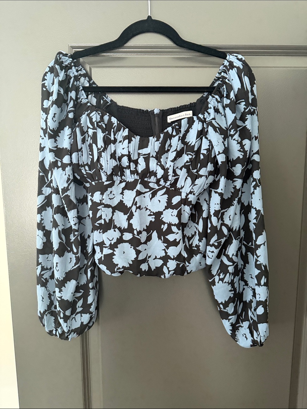 Abercrombie & Fitch Black and Light Blue Floral Peasant Blouse